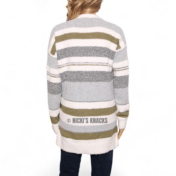Stitch Fix Fuzzy Cardigan Sweater Green Gray White Striped Open Front Size XS - Picture 6 of 12
